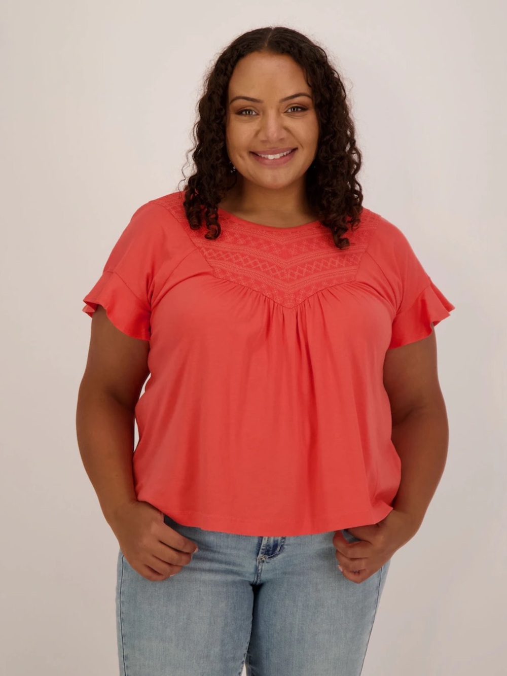 Liverpool Coral Short-Sleeve Lace Yoke Top